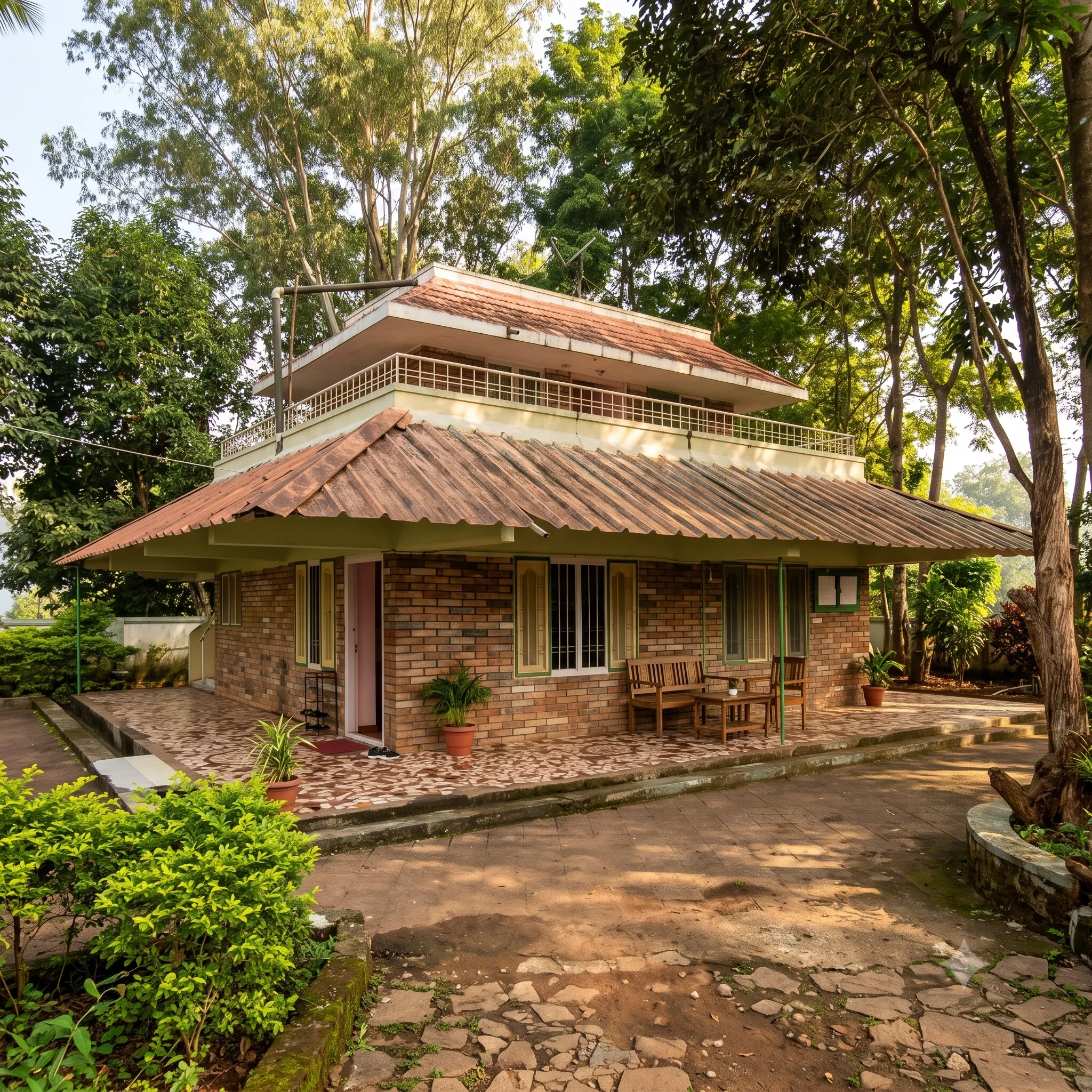 Chandrika Guest House in golden evening light, with its terracotta tiled roof
